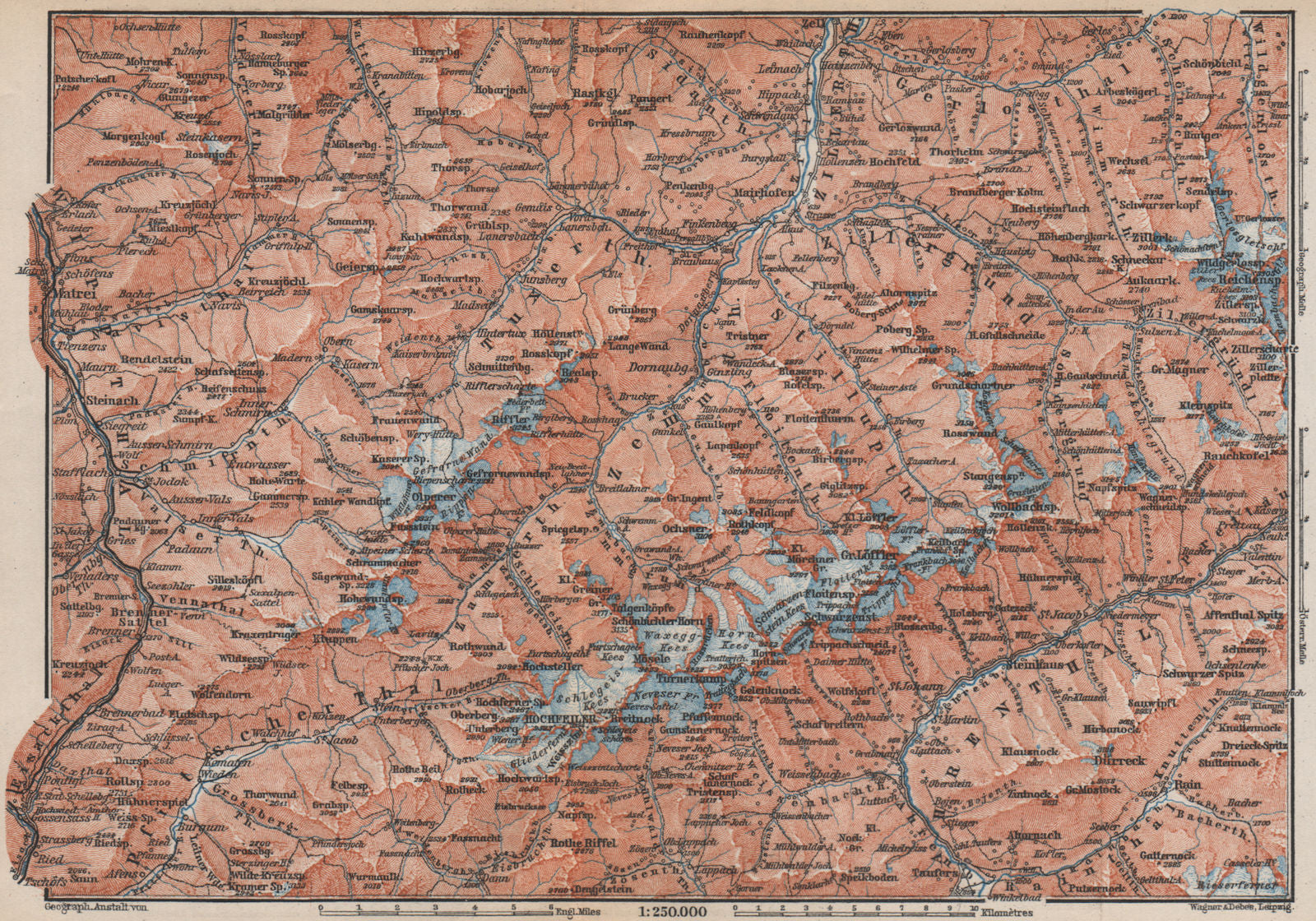 ZILLERTALER ALPEN ALPS. Mayrhofen Matrei Steinach. Tyrol/Südtirol 1899 old map